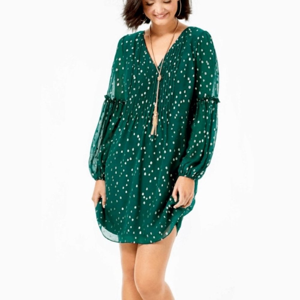 Lilly Pulitzer Cleme Silk Dress in Spruce Green Gold Metallic Silk Clip